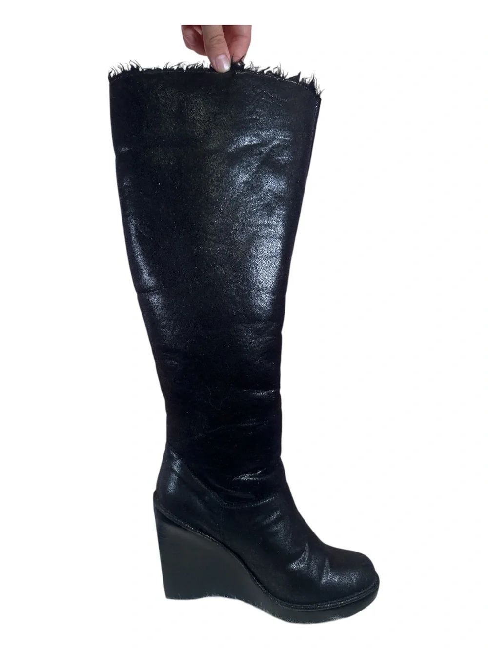 Michael Kors Black Knee-High Wedge Boots with Stud Buckle